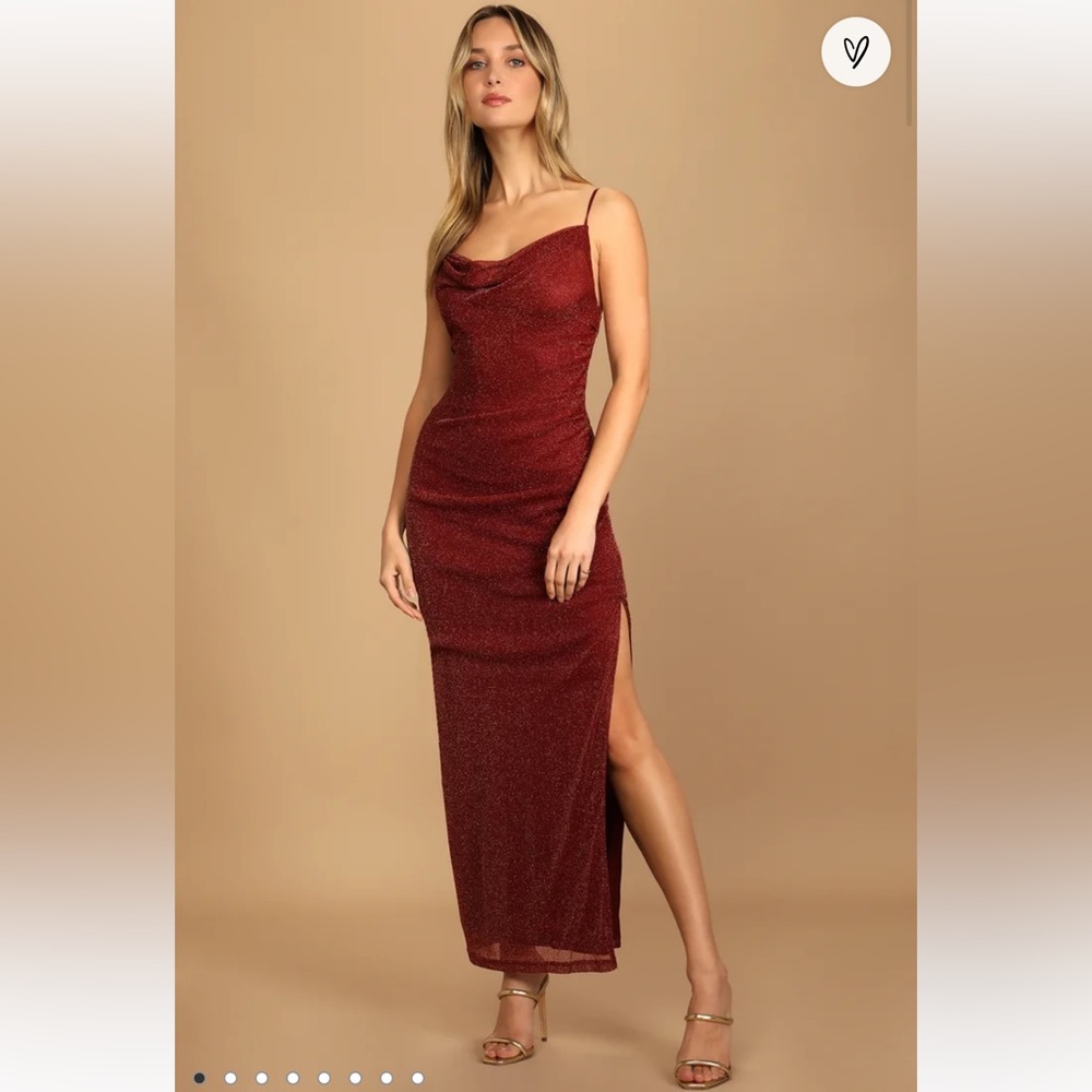 LULUs Next Please Gold and Burgundy Cowl Neck Bodycon Dress